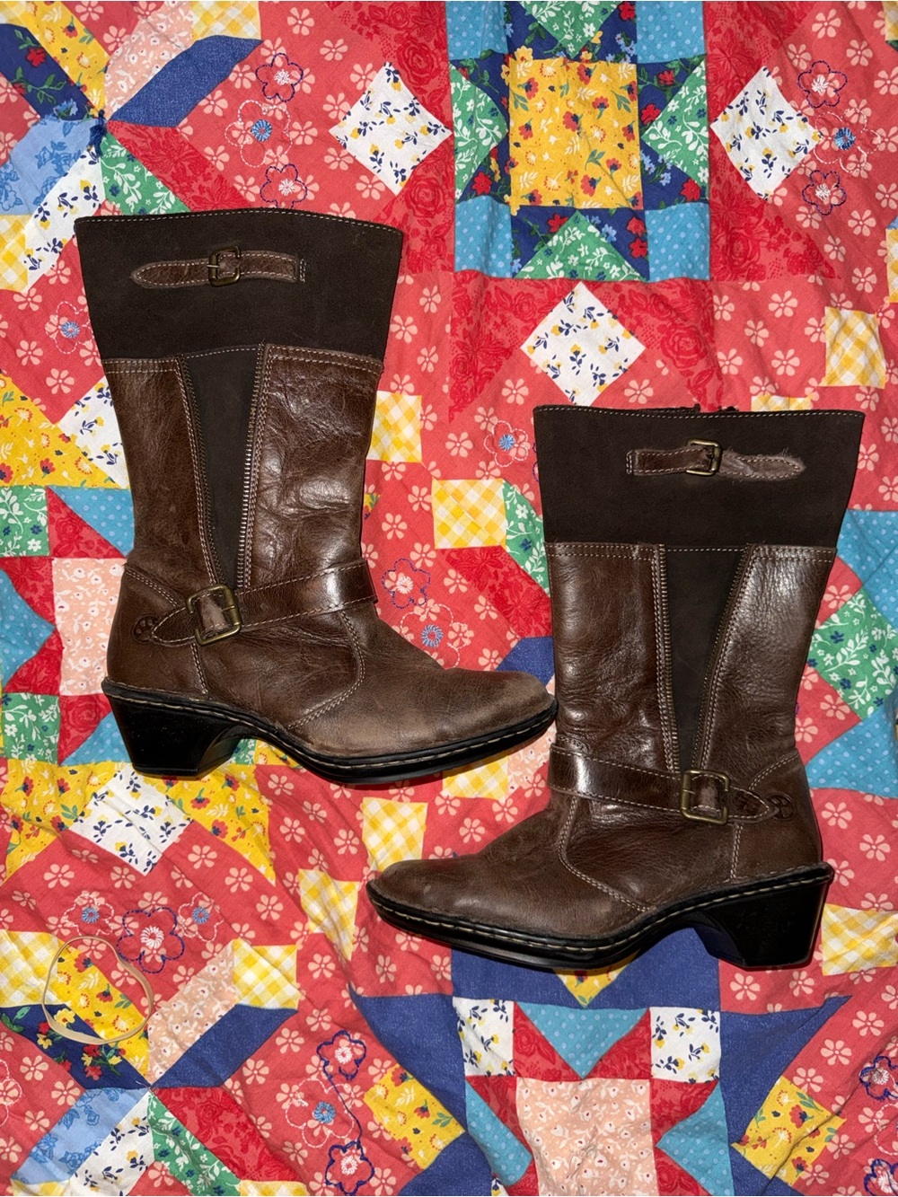 Women's Brown Leather & Suede Mid-Calf Booties with Buckle Detail